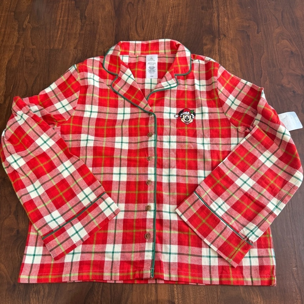 Disney Minnie Mouse Christmas Red and Green Plaid Fabric Pajama Top